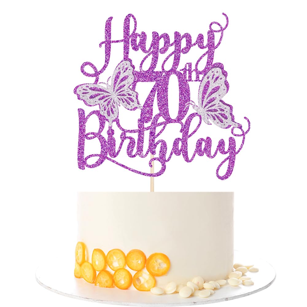 Kaoenla 3D Butterfly Happy70Birthday Cake Topper, Glitter seventy/70th Birthday/anniversary, Butterfly Theme Party Cake Decor(70th, Purple)