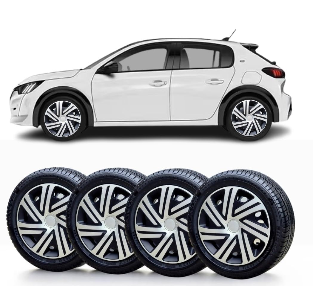 SOLIP 15" wheel trims, Hubcaps, Set of 4 for Peugeot 208,207,306,108,Alloy wheels look covers,Silver/Black Full Set