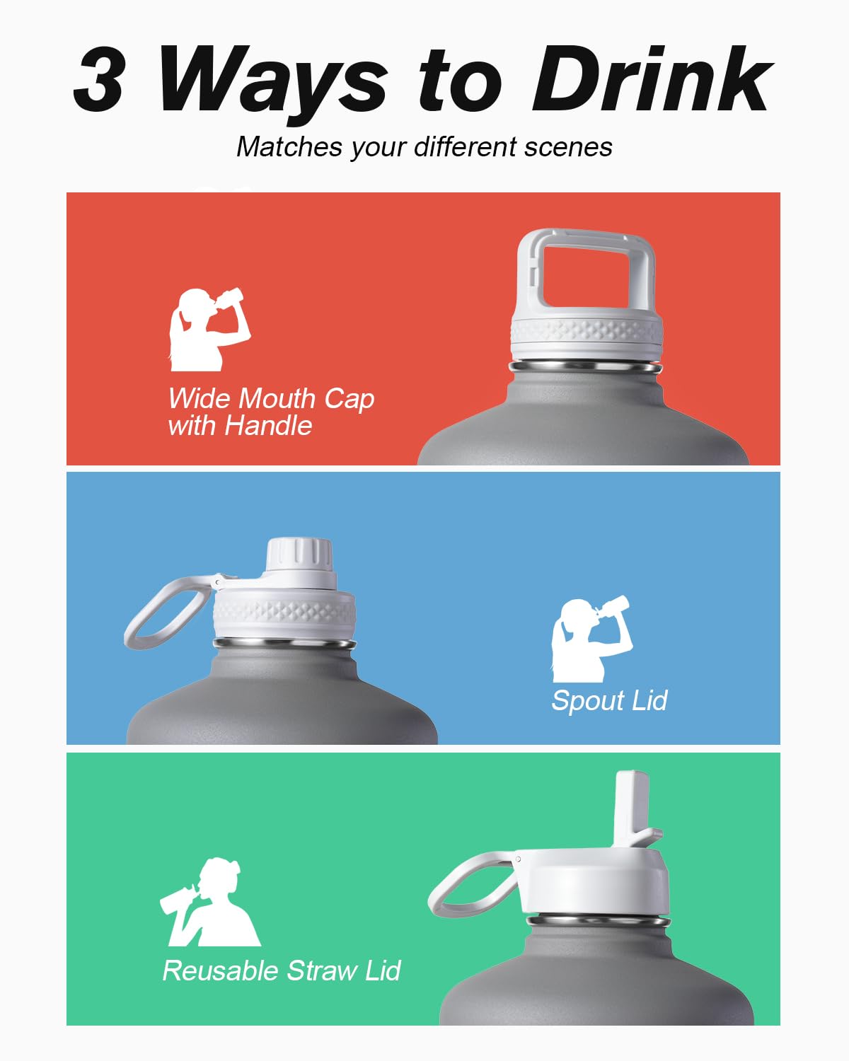 Half Gallon Water Bottle Insulated with Straw & 3 Lids, Coolflask 64 oz Water Jug Large Metal Stainless Steel Wide Mouth for Sports, Gym or Office, Non-BPA Keep Cold 48H Hot 24H, Dark Grey