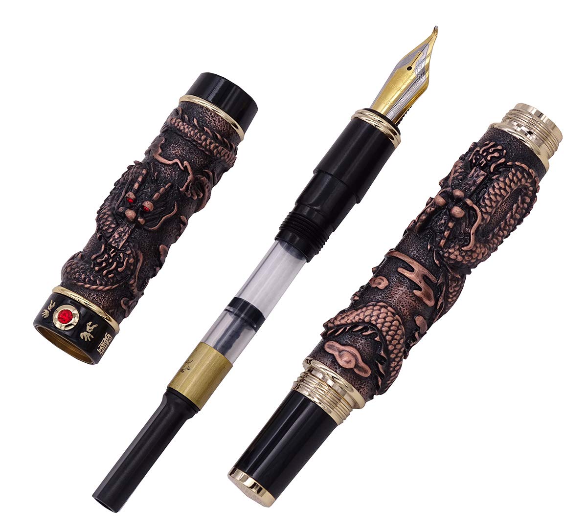 Jinhao Stylo-plume en métal bronze rouge 3D double dragon embossement Fude plume courbée calligraphie signature stylo