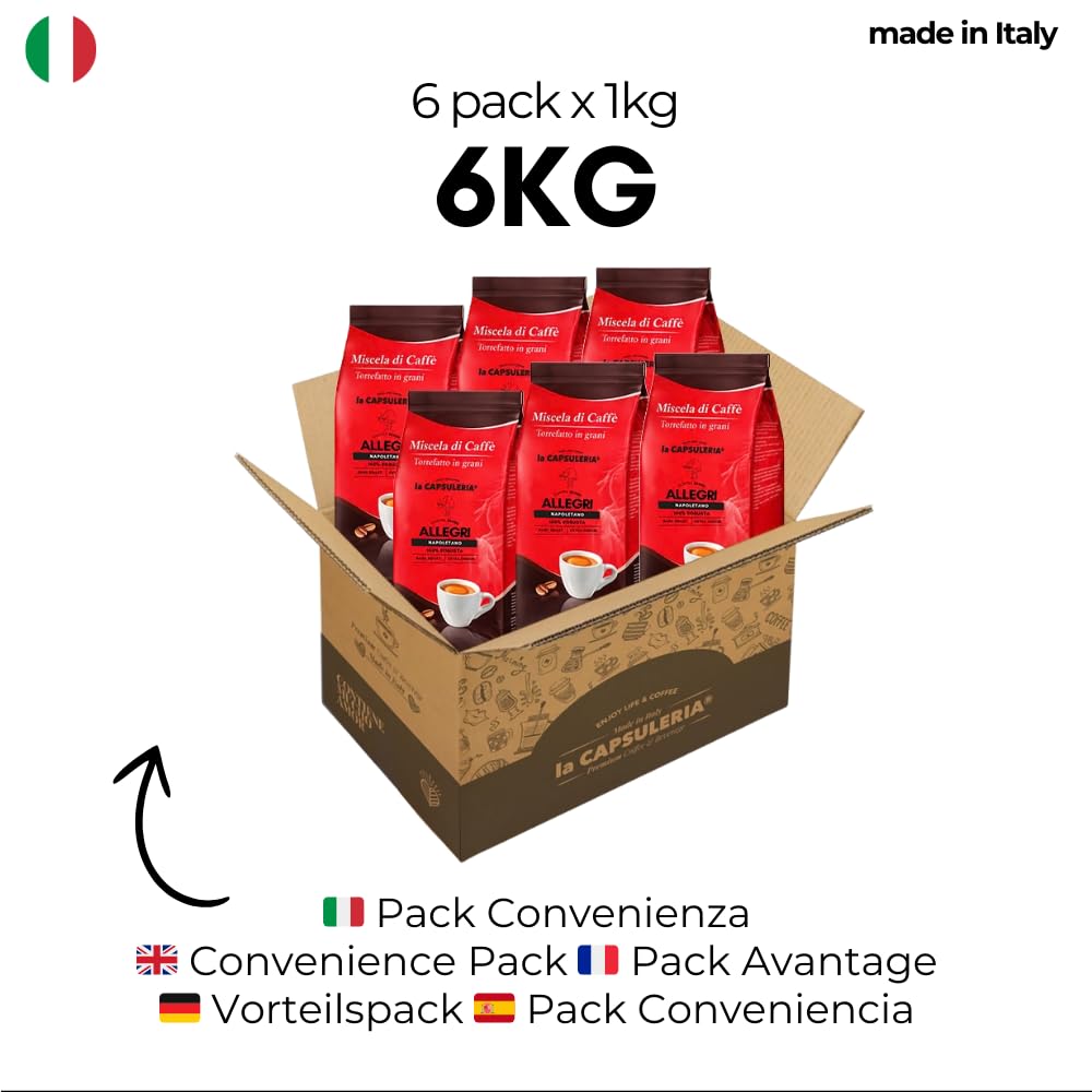 CAFÉ EN GRANO ALLEGRI NAPOLETANO (6 kg) - 100% Robusta | Pack 6 kg (6 x 1 kg) | Café en grano 100% Robusta, tostado en Italia, fuerte, intenso y con cuerpo