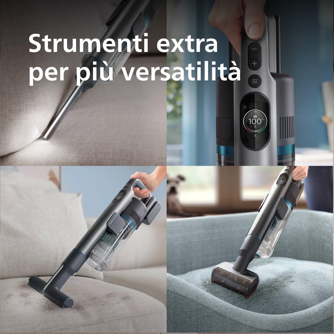Philips Aspirapolvere Cordless Serie 8000 Pet, Aspirazione Superiore, 80 Minuti di Autonomia, Riconoscimento del Pavimento, Smart Display, Spazzola a LED, Filtrazione antiallergica (XC8055/01)