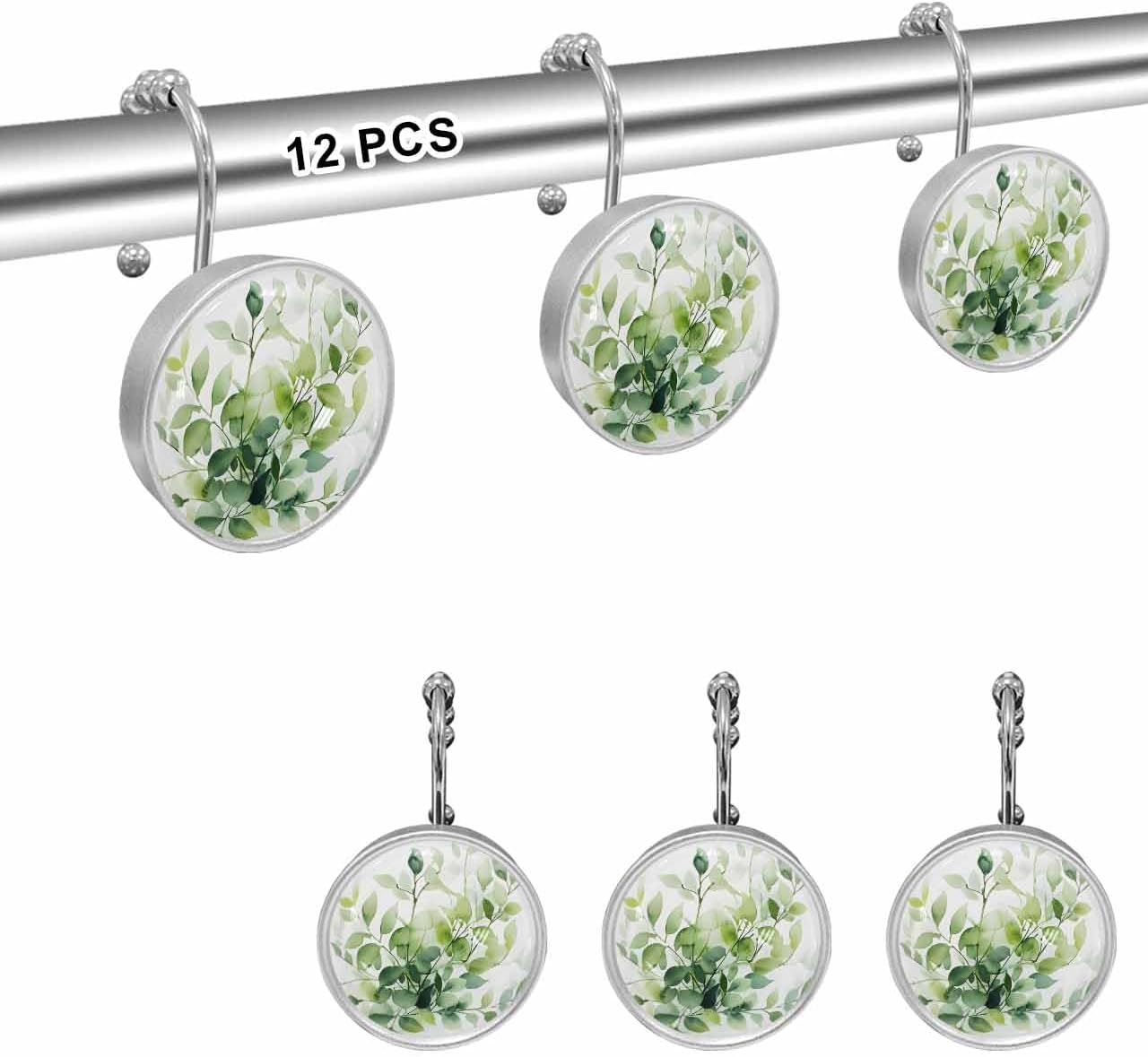 Shower Curtain Hooks Set of 12 Summer Sage Green Leaf Plant Abstraction Crystal Glass Shower Curtain Rings for Bathroom Decorative Stainless Steel Rust Proof Roller Shower Curtain Hangers