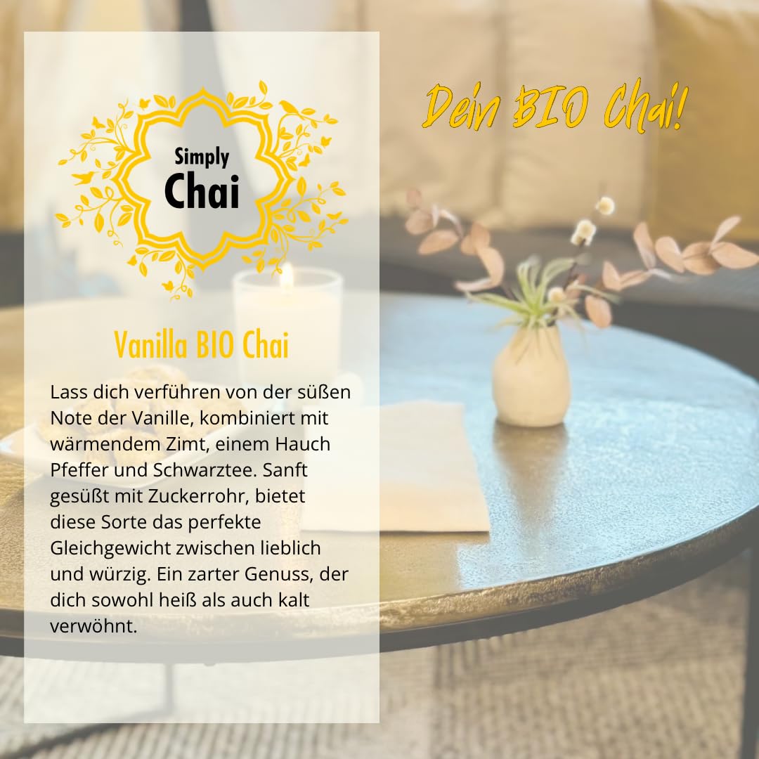 Simply Chai Bio & Vegan Vanilla Chai Latte Pulver, 1kg Vorratsbeutel – Milder indischer Gewürztee mit Schwarztee, Vanille & Zimt, instant löslich