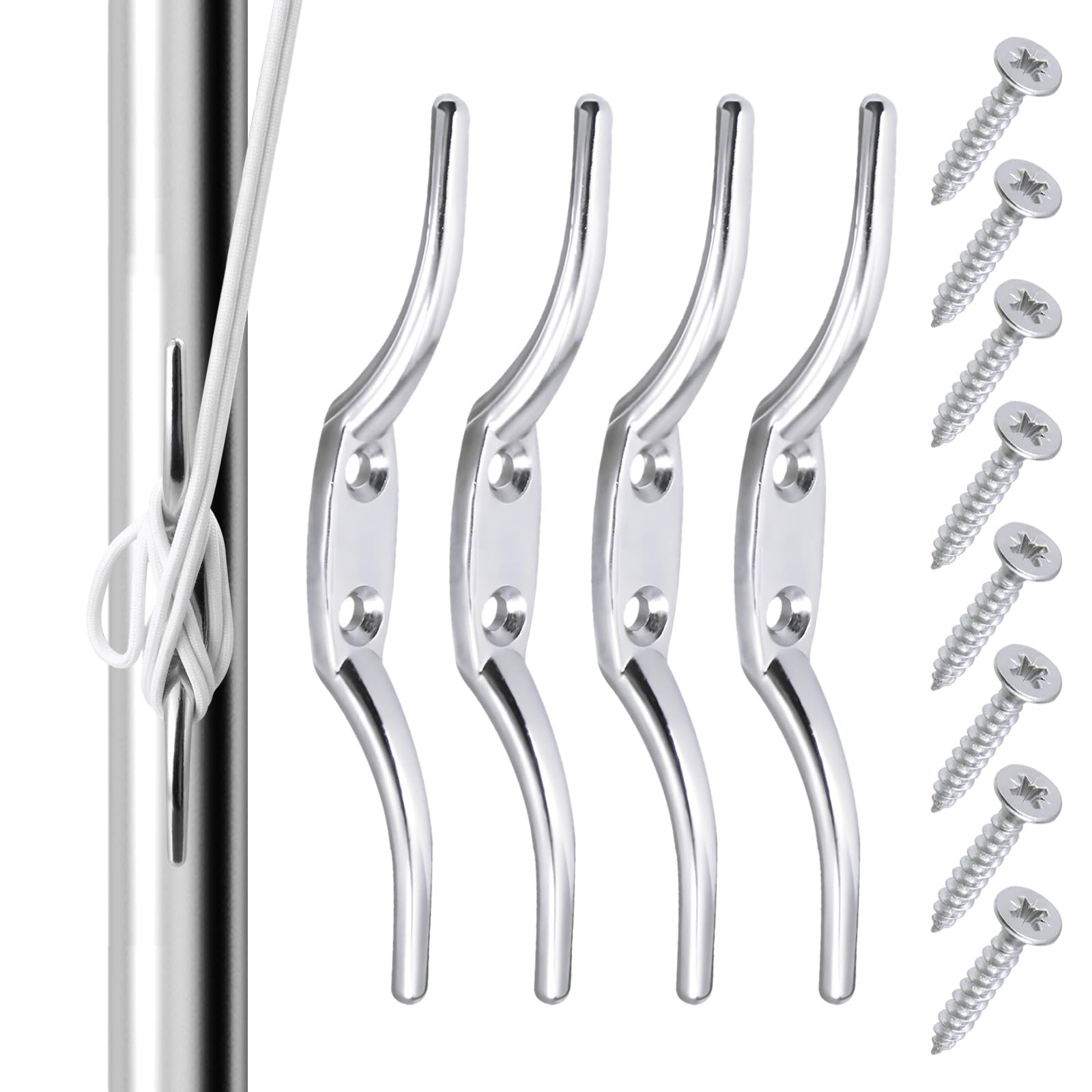 Kibbeh 4Pcs 150Mm Silver Marine Cleat Hooks - Extra Large Metal Rope Cleats For Boat, Dock, Kayak, Flagpole & Laundry Lines - Weatherproof Rust-Free Hooks With Easy Installation (Value Pack)