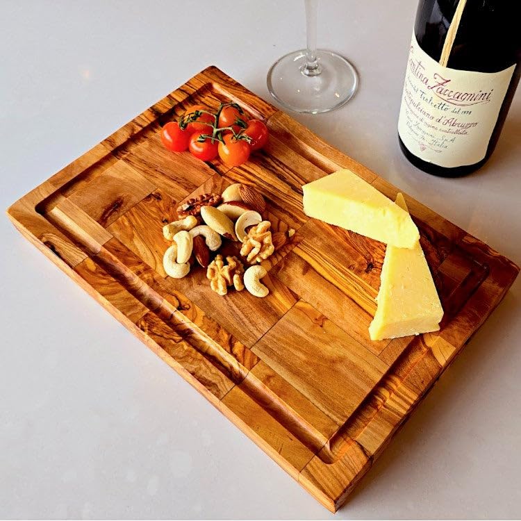 Large Heavy Rectangular Charcuterie | Premium End Grain Olive Wood Cutting Board | Butcher Block with Juice Groove, Reversible Heavy Duty Chopping Board for Meat, Vegetables, and Cheese (45 x 25 cm)