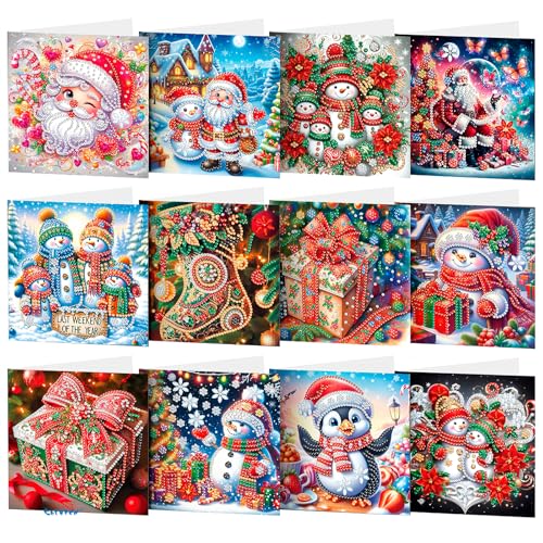 CAYUDEN Diamond Painting Christmas Cards 12 Pack DIY Diamond Greeting Card Kits for Adults Gem Painting Merry Christmas Cards with Envelopes Craft Set Gifts for Families Friends Partners