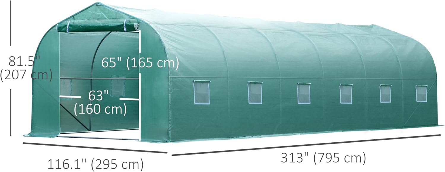 A diagram illustrating the overall dimensions of the Outsunny 26' x 10' x 7' tunnel greenhouse, including length, width, height, and door measurements.