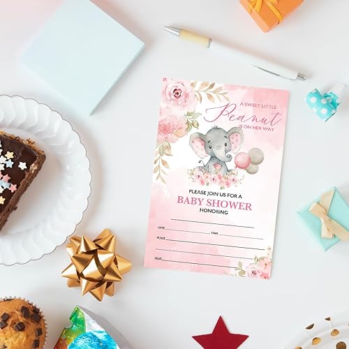 Miniatura 3 de UDNADKEX Invitaciones de baby shower para niña elefante rosa con sobres, invitaciones para baby showers, fiesta floral, tarjetas de invitación de