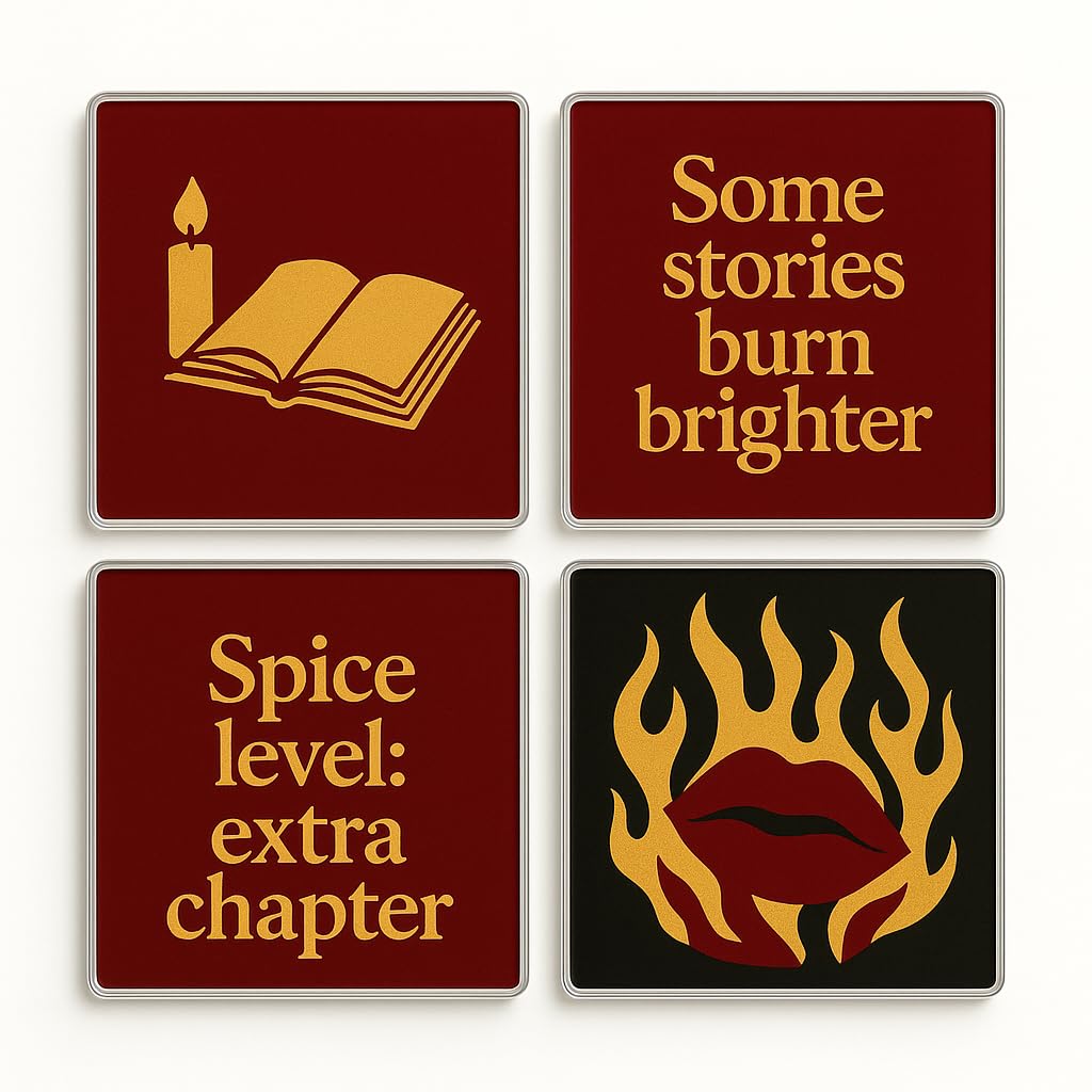 The Plum Penguin Spicy Reads Acrylic Coaster Set Of 4 With Literary Flames Design - Bookish Gift For Book Lover Decor And Reading Accessories