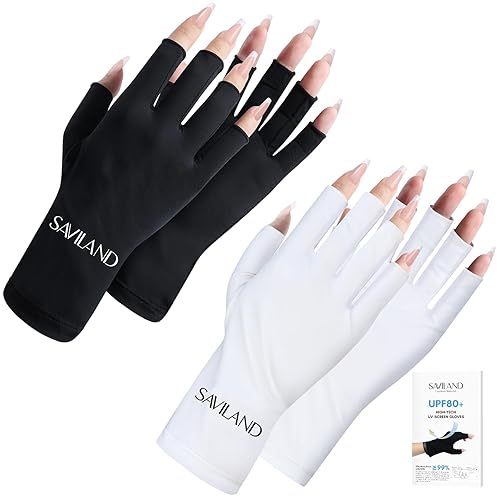Saviland Guantes U V para uñas, 2 pares UPF80+ de alta tecnología, guantes profesionales U V para manicuras, guantes UV para lámpara de uñas de gel,
