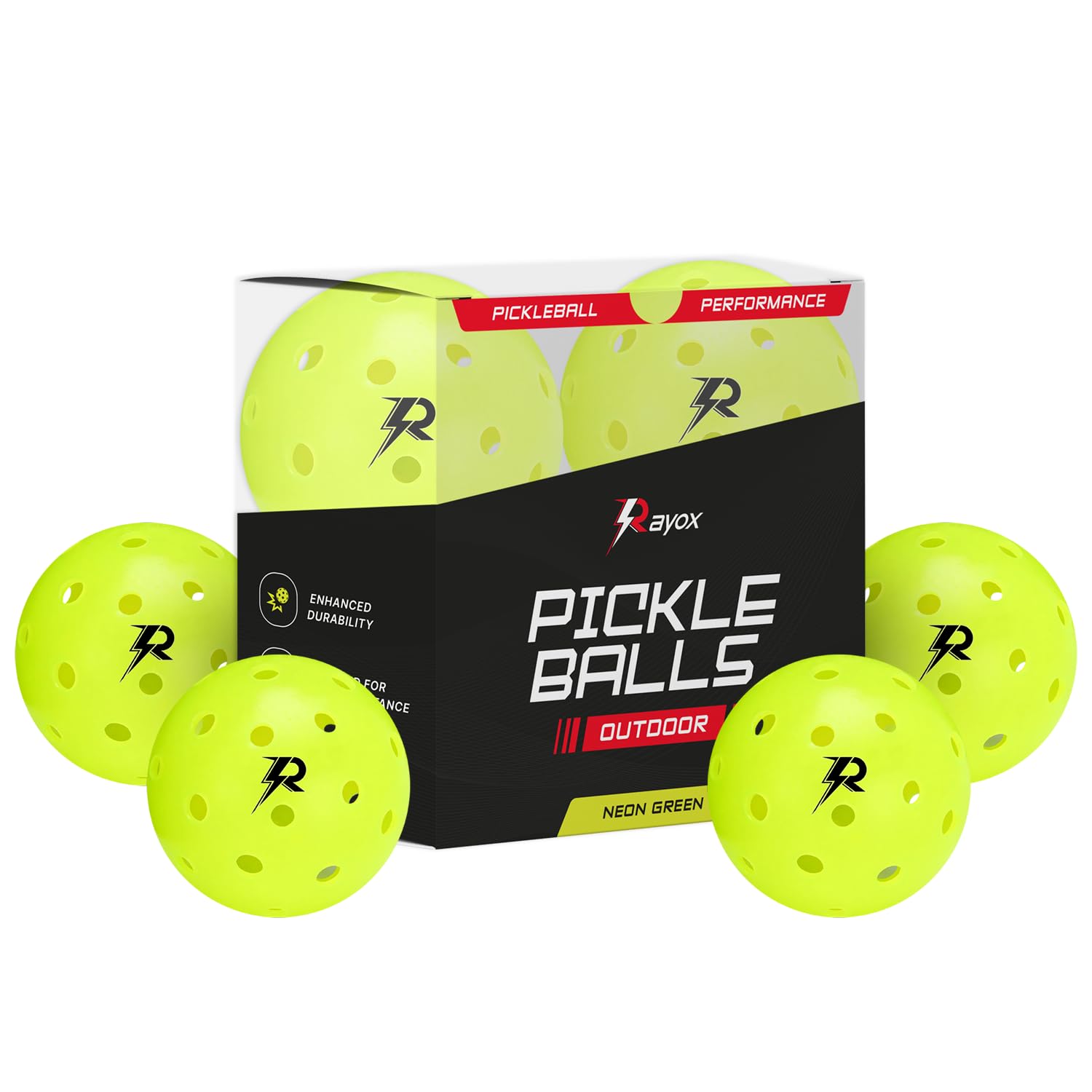 RAYOX Pelotas de Pickleball - Interiores y Exteriores, Pack de 4 o 24, Tamaño Oficial, 40 Agujeros, Alta Durabilidad y Rebote Óptimo, Jugadores Principiantes y Profesionales