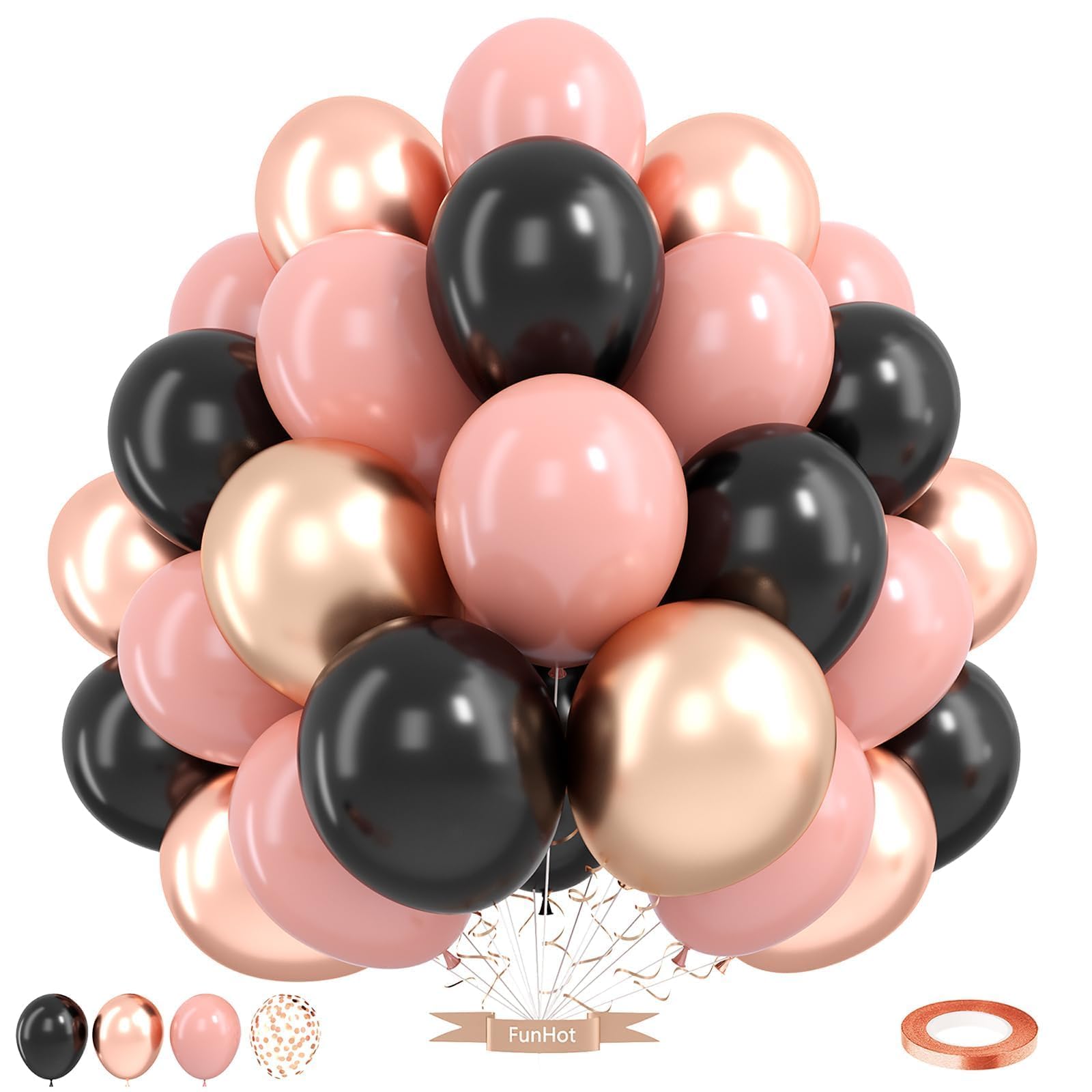 Rose Gold and Black Balloon,12 Inch Metallic Rose Gold Balloons Retro Pink Balloons for Birthday Wedding Bridal Shower Bachelorette Party Decorations