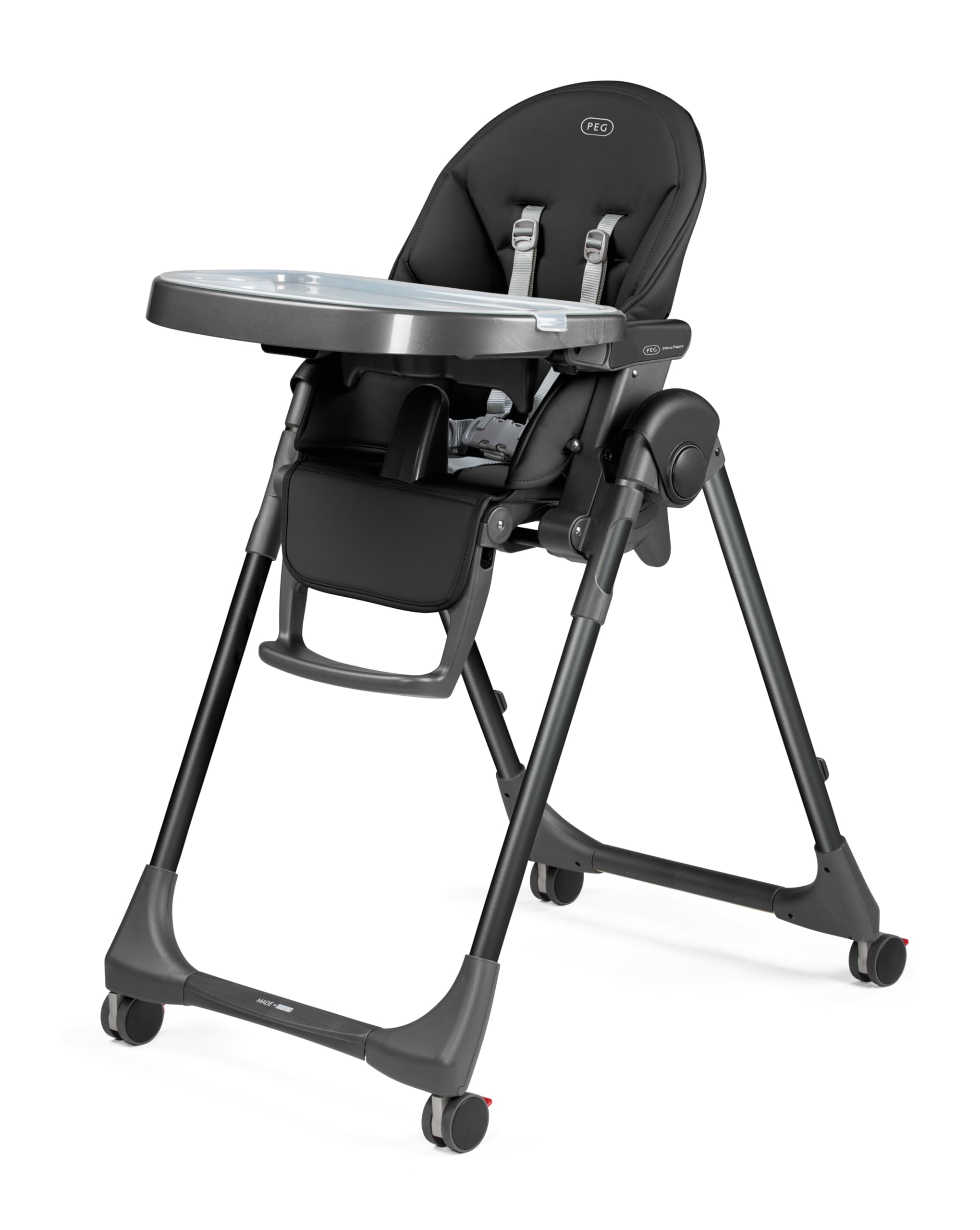 Peg Perego Prima Pappa Follow Me fotelik dla niemowląt, odchylany krzesełko dla niemowląt, funkcja leżaka, 4 kółka, składany, ultrakompaktowe, dla dzieci w wieku 0-3 lat (0-15 kg), TRUE BLACK