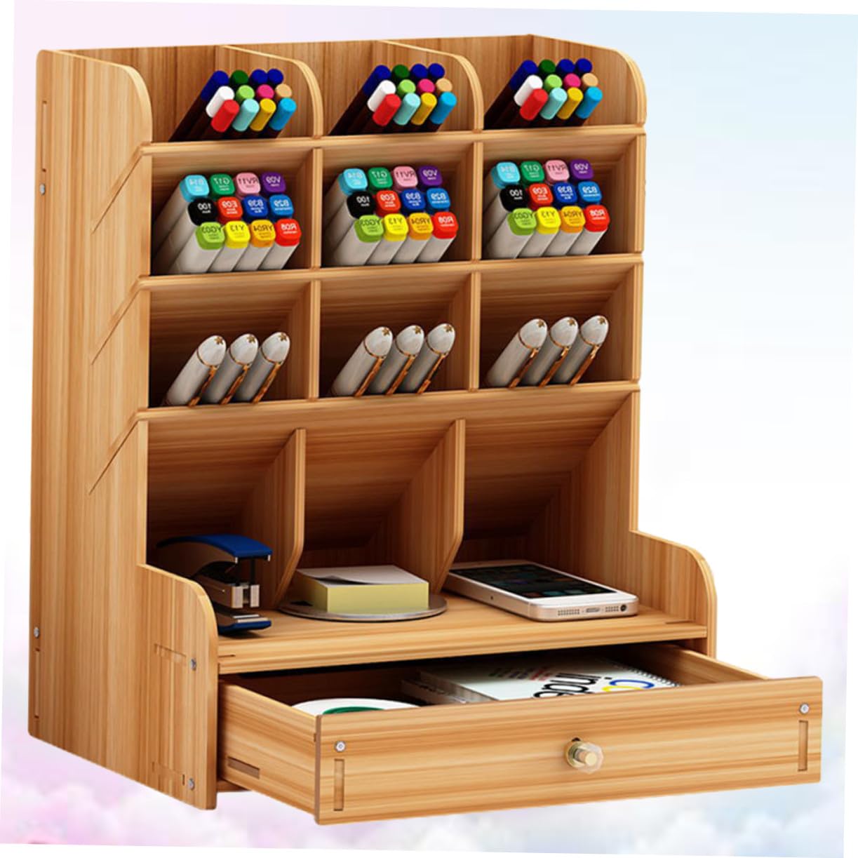 Didiseaon Portapenne in Legno Scomparti Multipli, Organizer da Scrivania | Ufficio e Casa, Capiente e Solido, Stile Moderno Creativo Vani Versatili per Accessori
