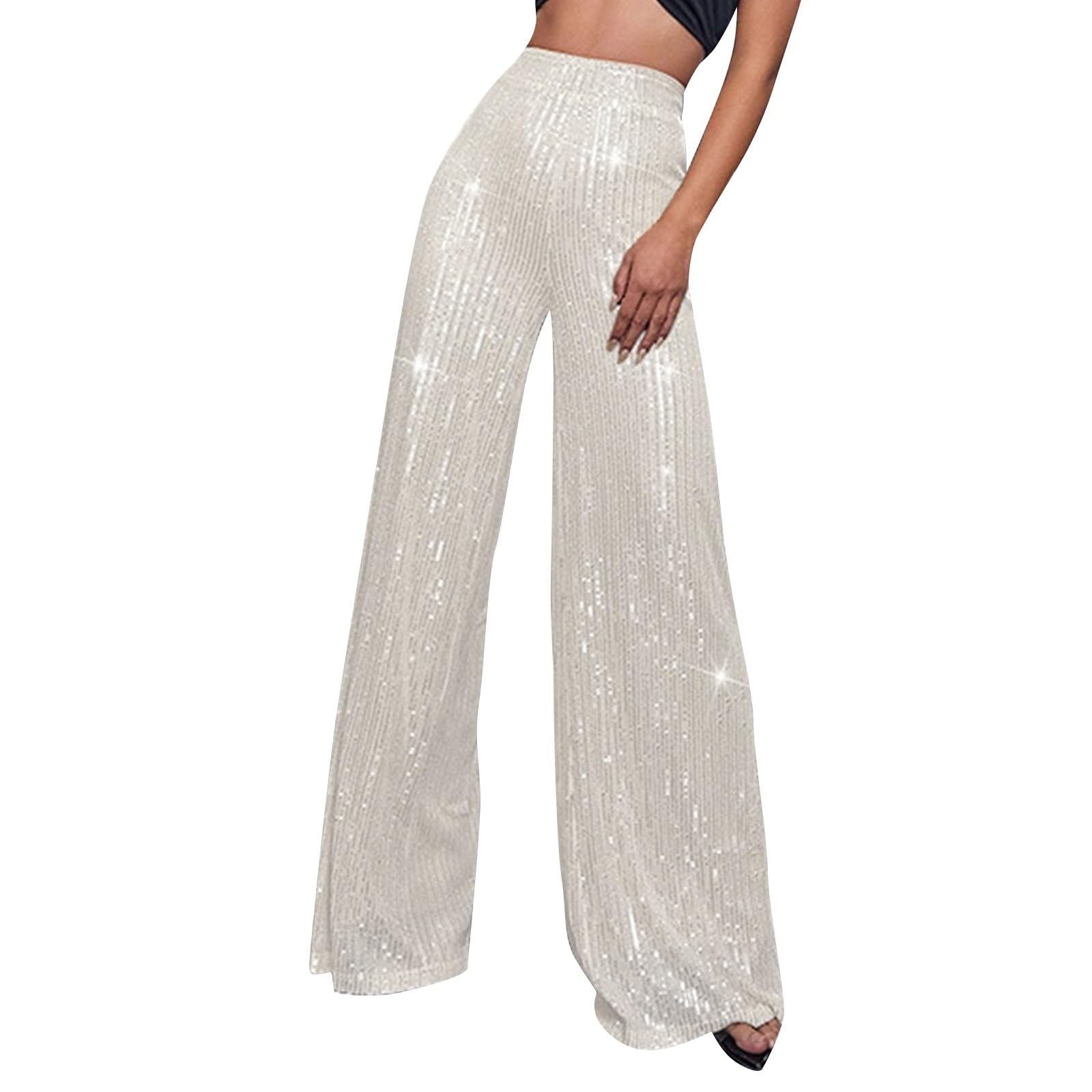 Womens Dressy Fashion Casual Solid Color High Waist Sequin Side Zipper Draped Wide Leg Loose Fit Pants
