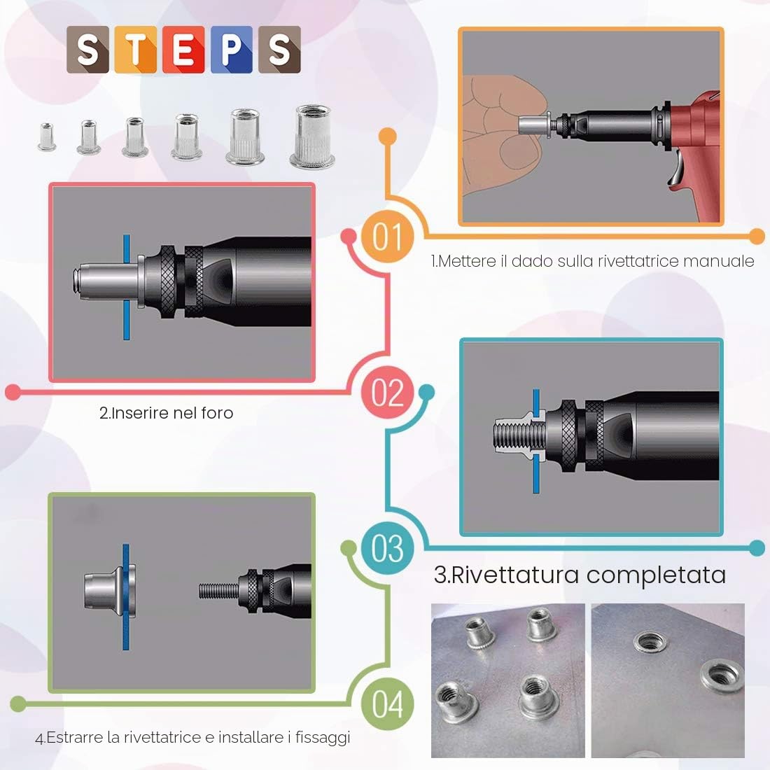 Glarks 180pcs M3/M4/M5/M6/M8/M10 Flat Head Rivet Nut Assortiment Kit, Inserisci in acciaio inossidabile Rivnut, Rivetti a filettatura, Rivetti metrici per l'automobile, Mobili, Elettrodomestici