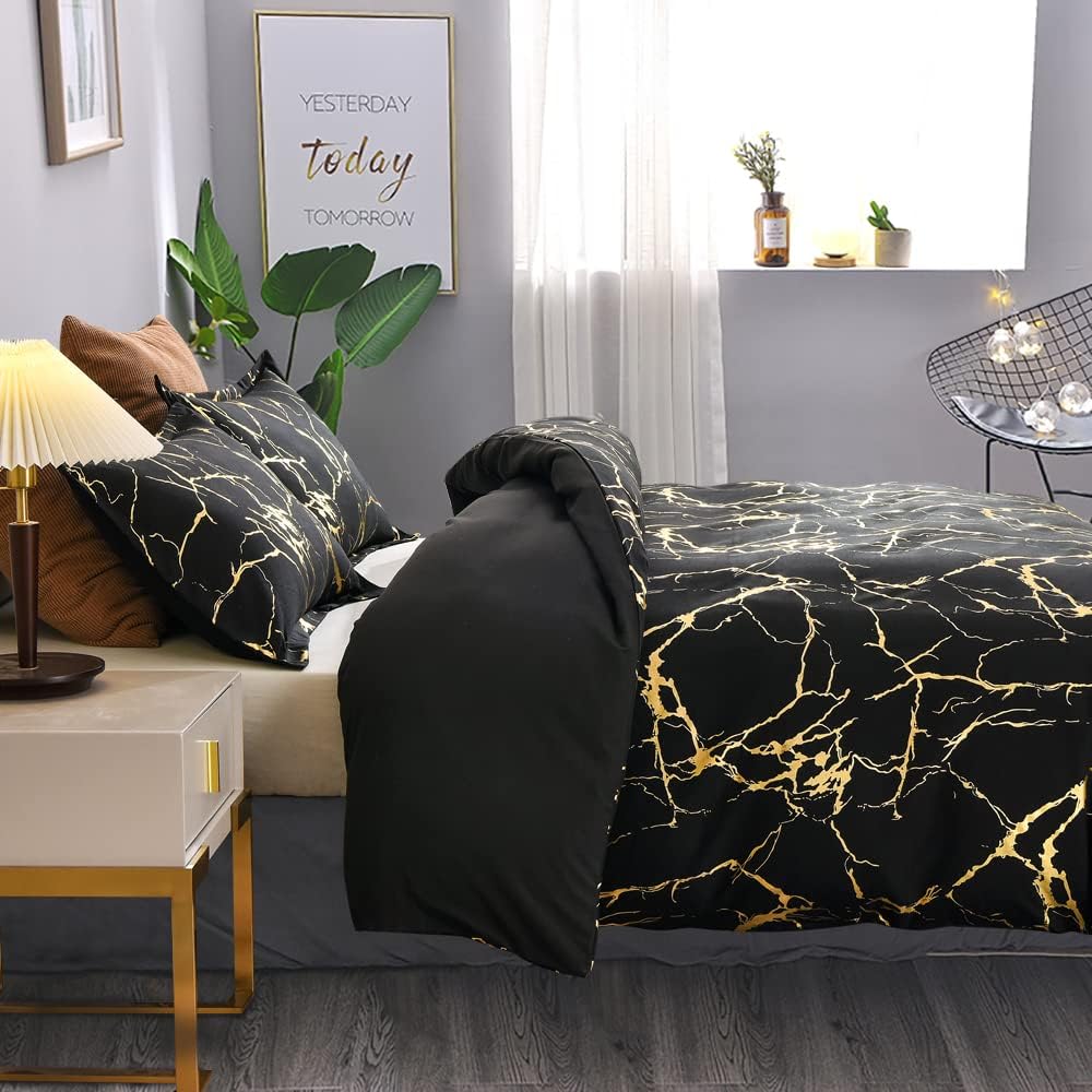 Holawakaka Black Gold Metallic Marble Duvet Cover Set Queen