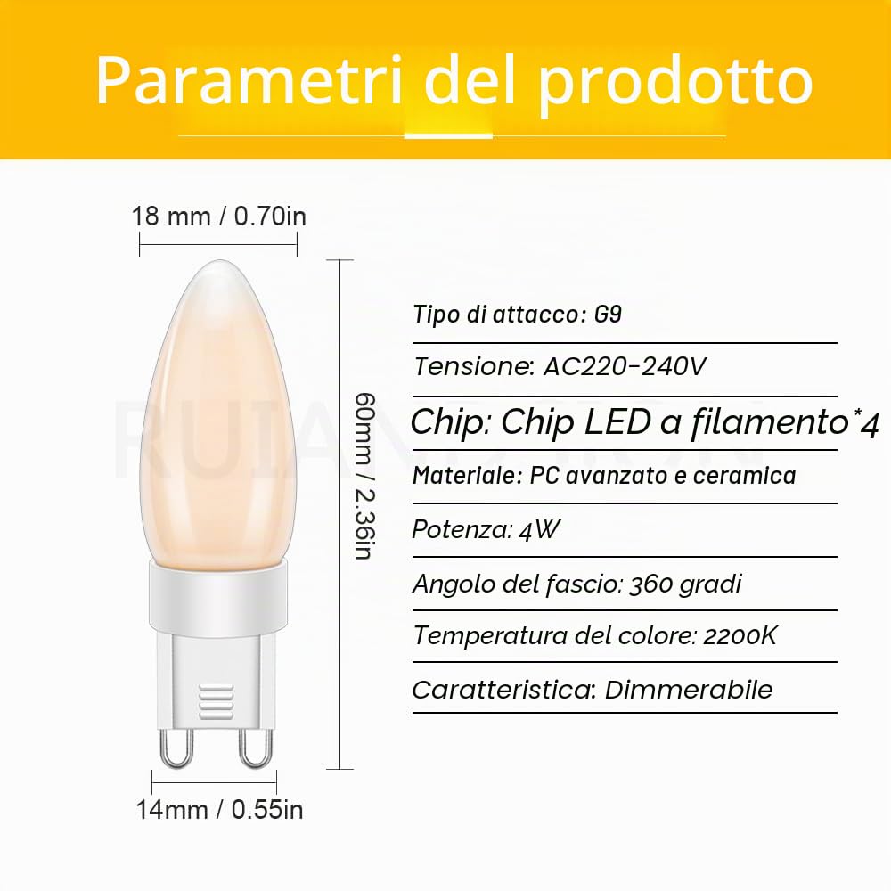 Ruiandsion G9 Lampadine LED Dimmable 2200K Bianco Caldo 220-240V 4W 4 Filamento LED G9 Lampadine Della Casa Equivalente 40W Lampada alogena per Lampadario Della Casa Indoor Lampade da Soffitto(10PCS)