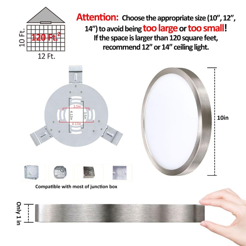 Image of 10 Inch LED Flush Mount Ceiling Light Fixture, Super Slim Flush Mount Light for Kitchen, Metal and Glass LED Ceiling Light for Low Ceiling, Hallway, Bathroom, Laundry, Brushed Nickel, 17W, 3000K