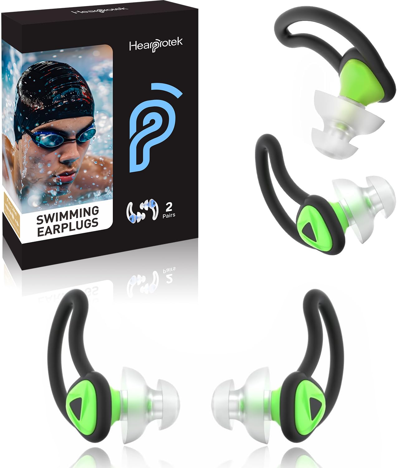 Ear Plugs for Swimming–2 Pairs Soft Silicone Reusable Waterproof Earplugs for Adults & Men Women, Custom Fit for Swimmers Ear, Pool, Beach, Snorkeling, Surfing, Kickboard Training(Green)