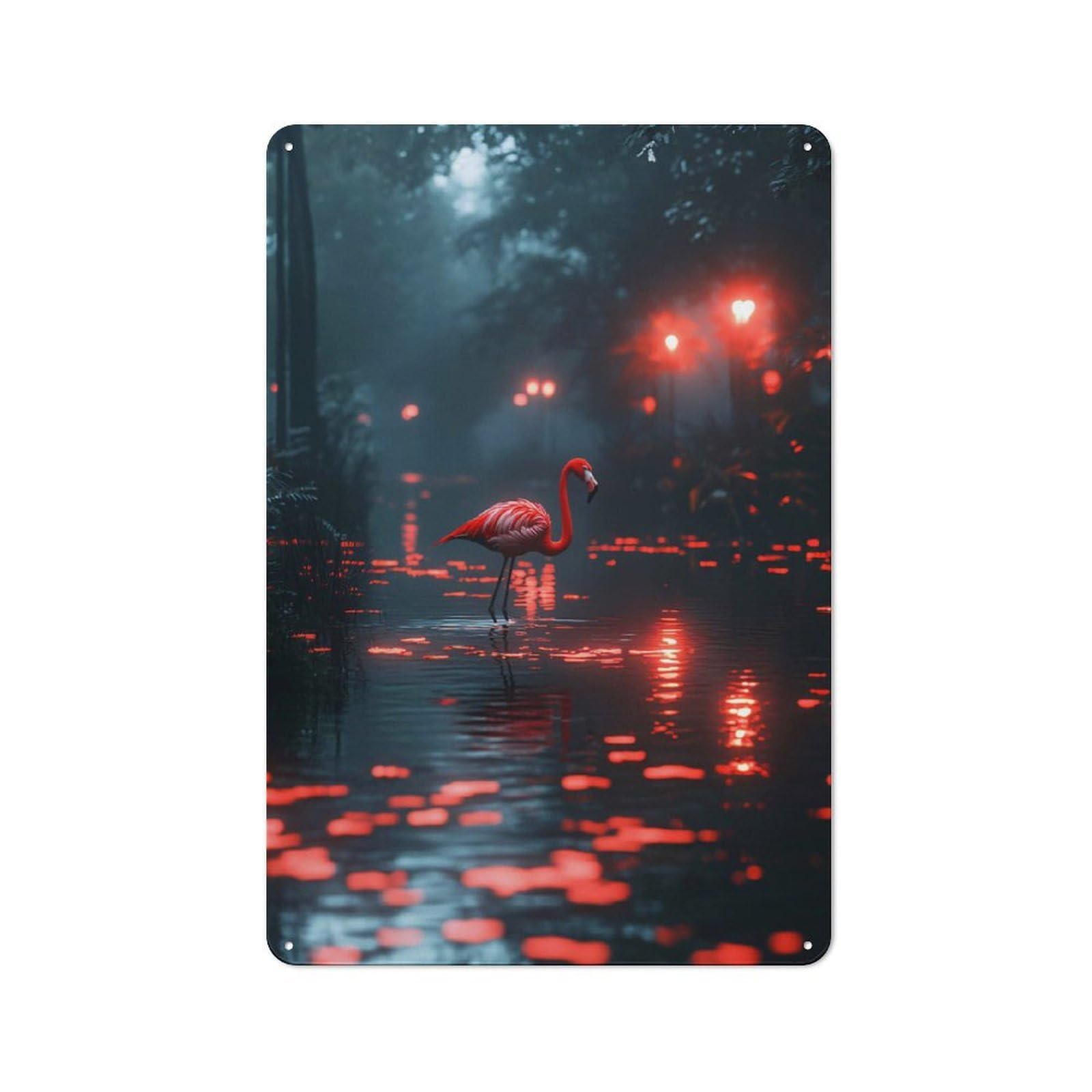 Junmoney Style-24 Flamingo In A Mystical Red-Lit Forest Rustic Metal Wall Sign 30X20cm For Workshop Wall, Suited To Makers And Diy Enthusiasts