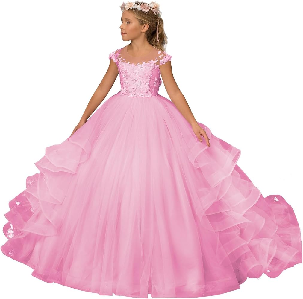 Amazon.com: Topeke Flower Girl Dress Tulle Lace Appliques Princess Pageant  Dress Ruffles Girls Ball Gown Baby Pink One Size: Clothing, Shoes & Jewelry