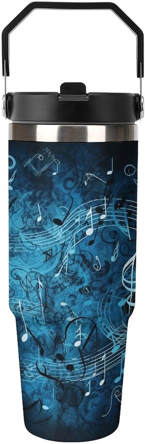Blue Musical Notes Water Bottle 30 Oz Fits Car Cup Holder,Insulated Coffee Mug Large Capacity Car Cups,Stainless Steel Double Wall Sport Bottle for Travel Sports Gym