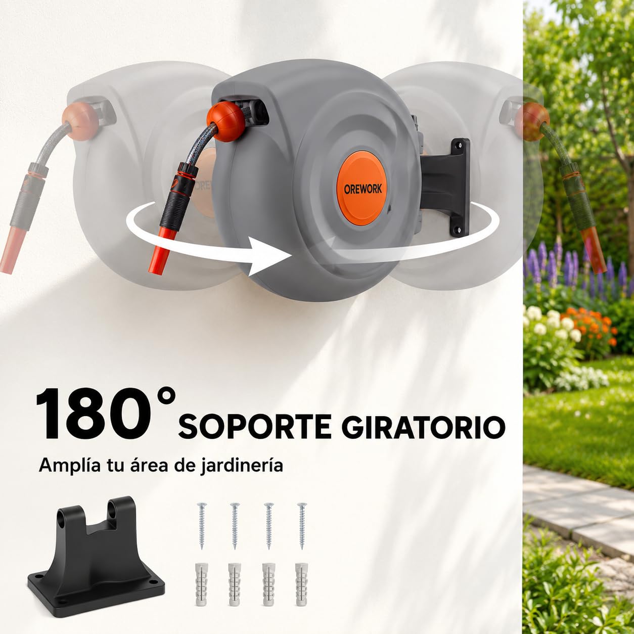 OREWORK Enrollador Automático de Manguera, 20 m, Diámetro 12 mm, con Muelle Retráctil, Soporte de Pared, Lanza de Riego