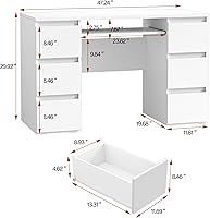 Vista 2 de Escritorio blanco con cajones, escritorio de computadora para dormitorio, mesa de oficina en casa con almacenamiento, escritorios de madera de 47