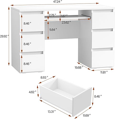 Miniatura 2 de Escritorio blanco con cajones, escritorio de computadora para dormitorio, mesa de oficina en casa con almacenamiento, escritorios de madera de 47
