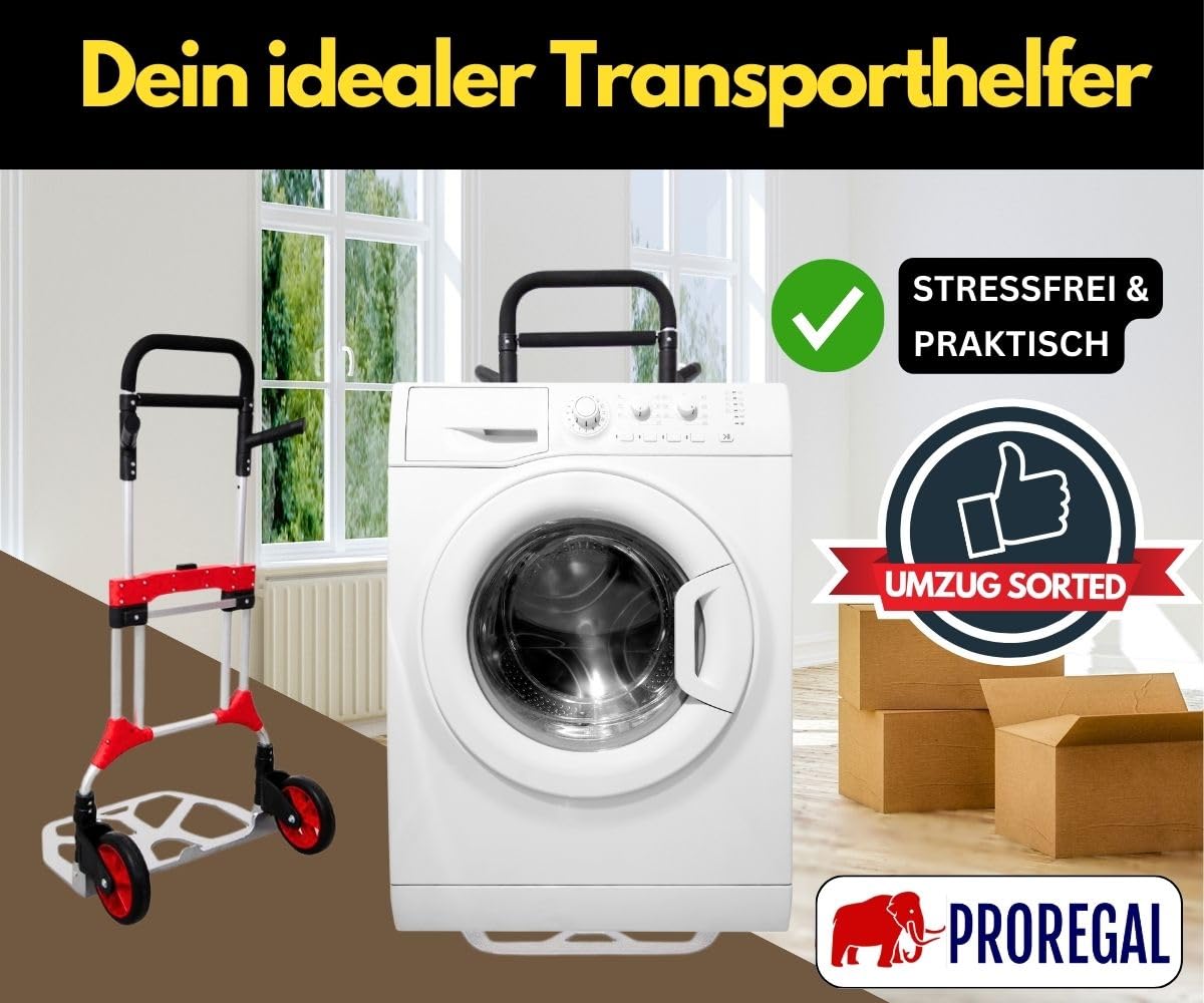 PROREGAL Klappbare Profi-Sackkarre Elephant | HxBxT 112x60x61cm | Traglast 250kg | Aluminium, ergonomische Griffe, Leichtlauf-Vollgummiräder | Schwarz-Rot-Silber | Transportkarre Staplerkarre