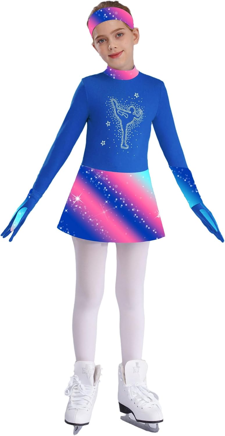 JanJean Kids Girls Figure Skating Dresses Long Sleeve Shiny Rhinestones Print Patchwork Dress with Gloves Headband Set