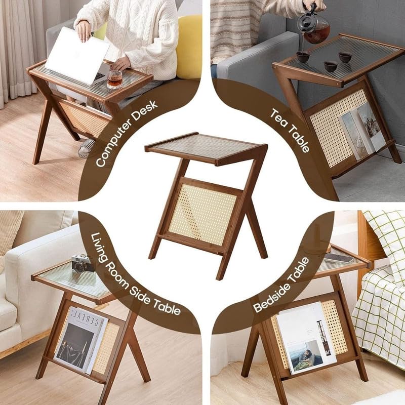 Image of Homero Wooden Side Table for Living Room | Modern Bedside Table with Fluted Glass-Look Design | Z Shape End Table for Sofa Side, Bedroom & Small Spaces, Stylish Coffee Table for Home