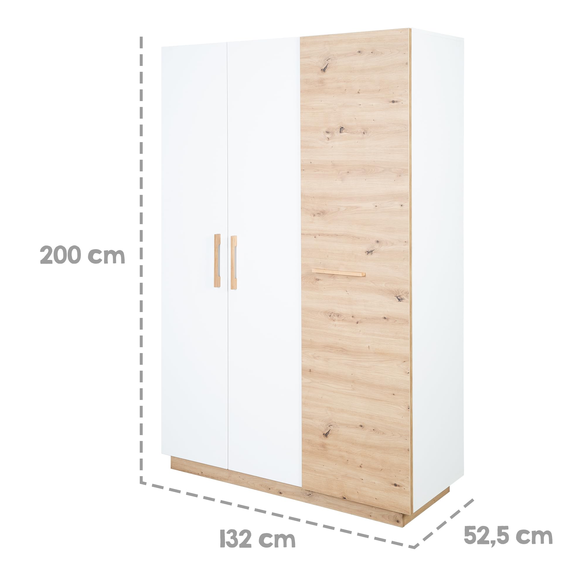 roba Kleiderschrank 'Lion' 3-türig Weiß/Holzdekor 'Artisan Eiche' Griffe aus massiver Eiche Drehtürenschrank HxBxT: 200 x 132 x 52,5 cm