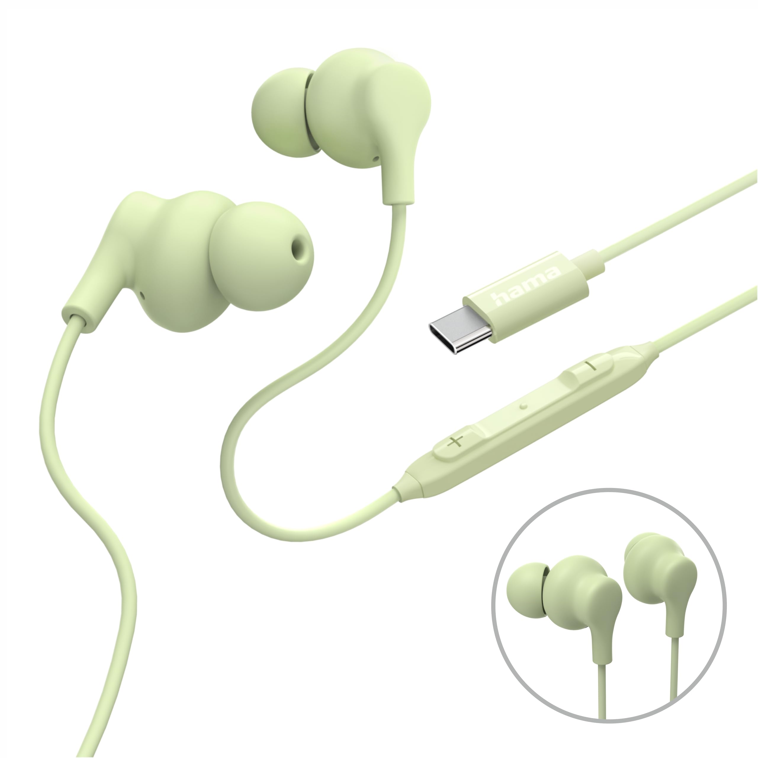 Hama Curly In-Ear Headphones with Microphone - Cable Kink Protection - USB-C - Green
