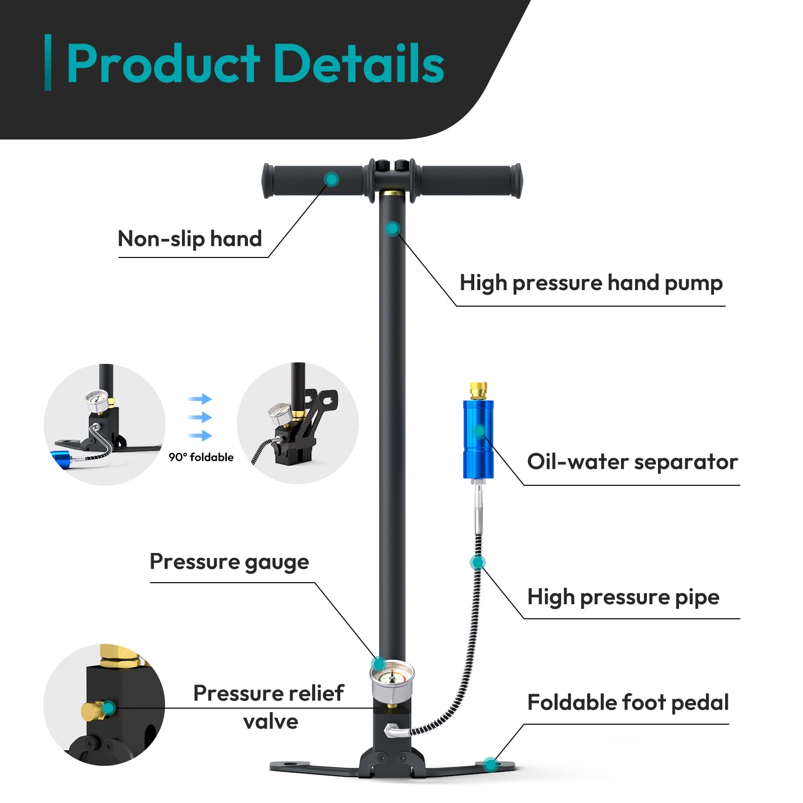 Pompe à air de plongée, Pompe à Pneumatique pour Pneus Haute Pression, Pompe à air Portable PCP Pédale Pliable avec Manomètre Précis