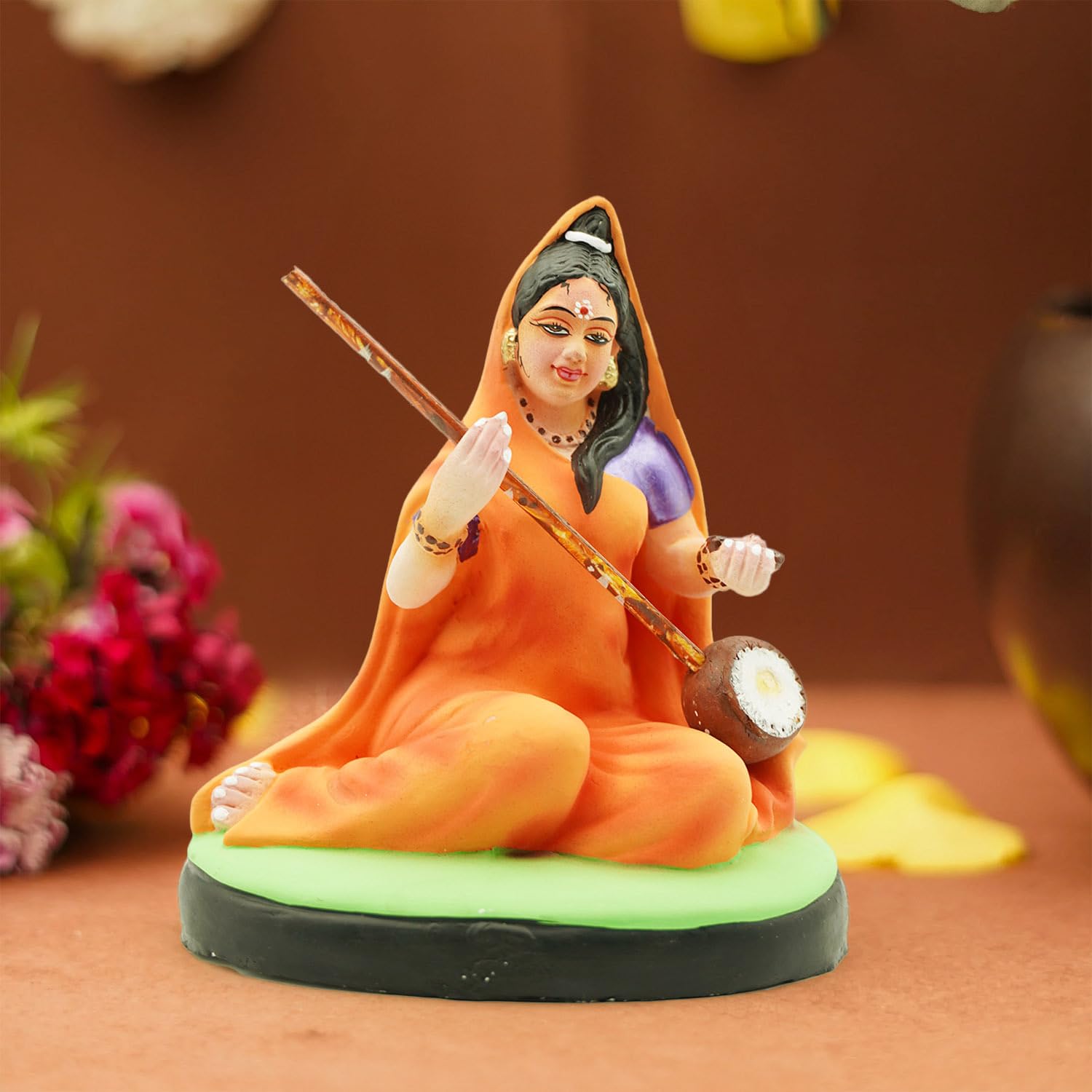 PujaNPujari Meera Bai Murti with Instrument- Decorative Showpiece - 17 cm (Clay, Multicolor)