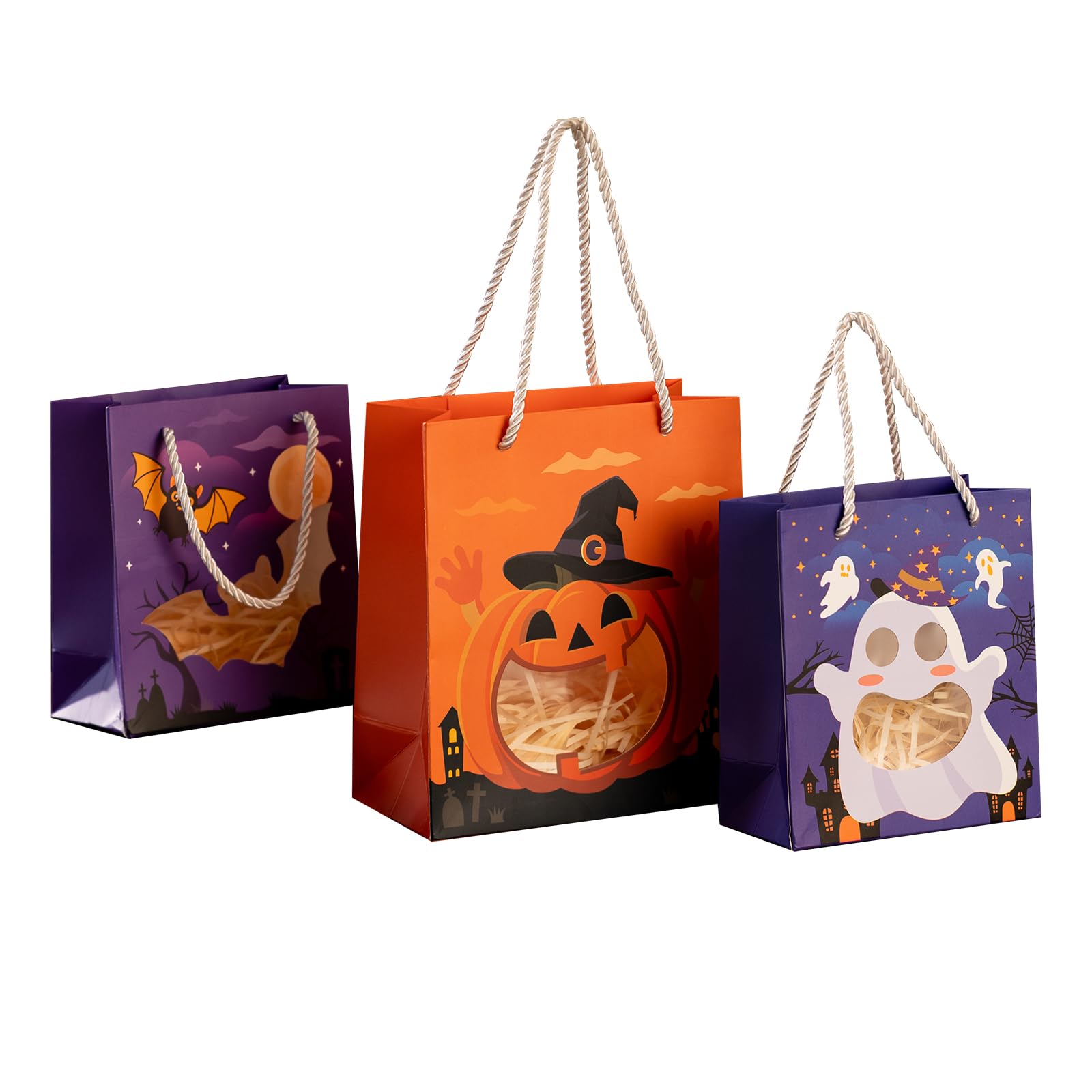 CcXxMming 30 szt. upominków na imprezę halloweenową, torby na prezenty na Halloween z naklejkami dla dzieci, torby na cukierki, torby na cukierek albo psikus, mini papierowy kosz na prezenty