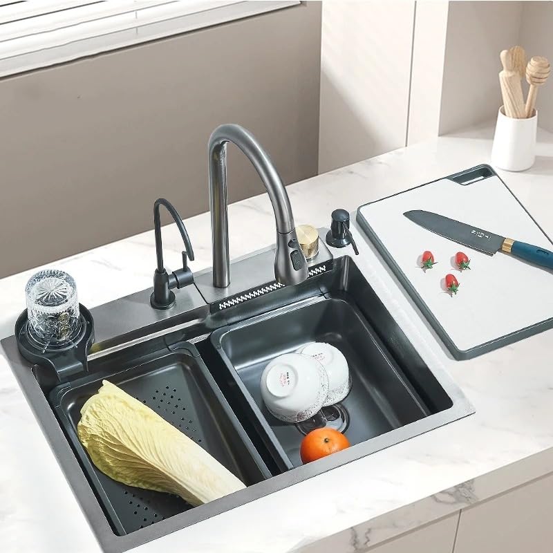 304 Stainless Steel Waterfall Kitchen Sink, Large Single Slot Integrated 60X45cm, Faucet Set Soap Dispenser/Pure Water/Cup Washer (001 (with Glass Washer))