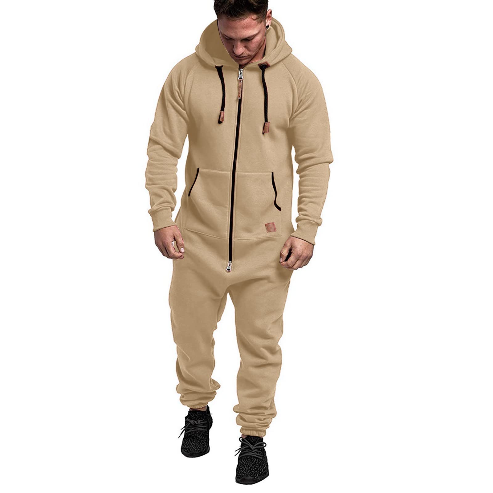 WUAI-MenWUAI Onesie Men's Hooded Jumpsuit Zip Up One Piece Pajamas Playsuit Jogger Sweatsuit Overall Romper Khaki
