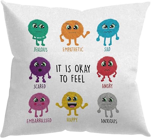Feelings - Fundas de almohada de rueda  Almohada de sentimientos, almohadas de aula, funda de almohada de salud mental de 18 x 18, decoración de