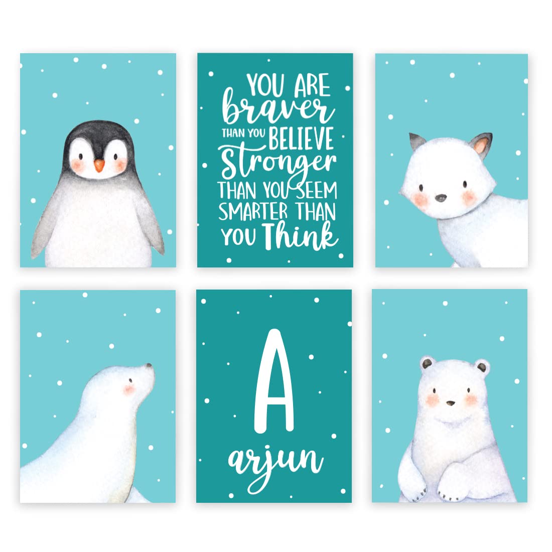 INKOLOGIE Personalised Kids Room Aqua Arctic Animals Unframed Wall Art Poster Home Decor, A4 Size 8.25x11.75-inch, You are Stronger Thank You, Penguin, Winter Fox, 6-Pack, No Frames, Custom Name