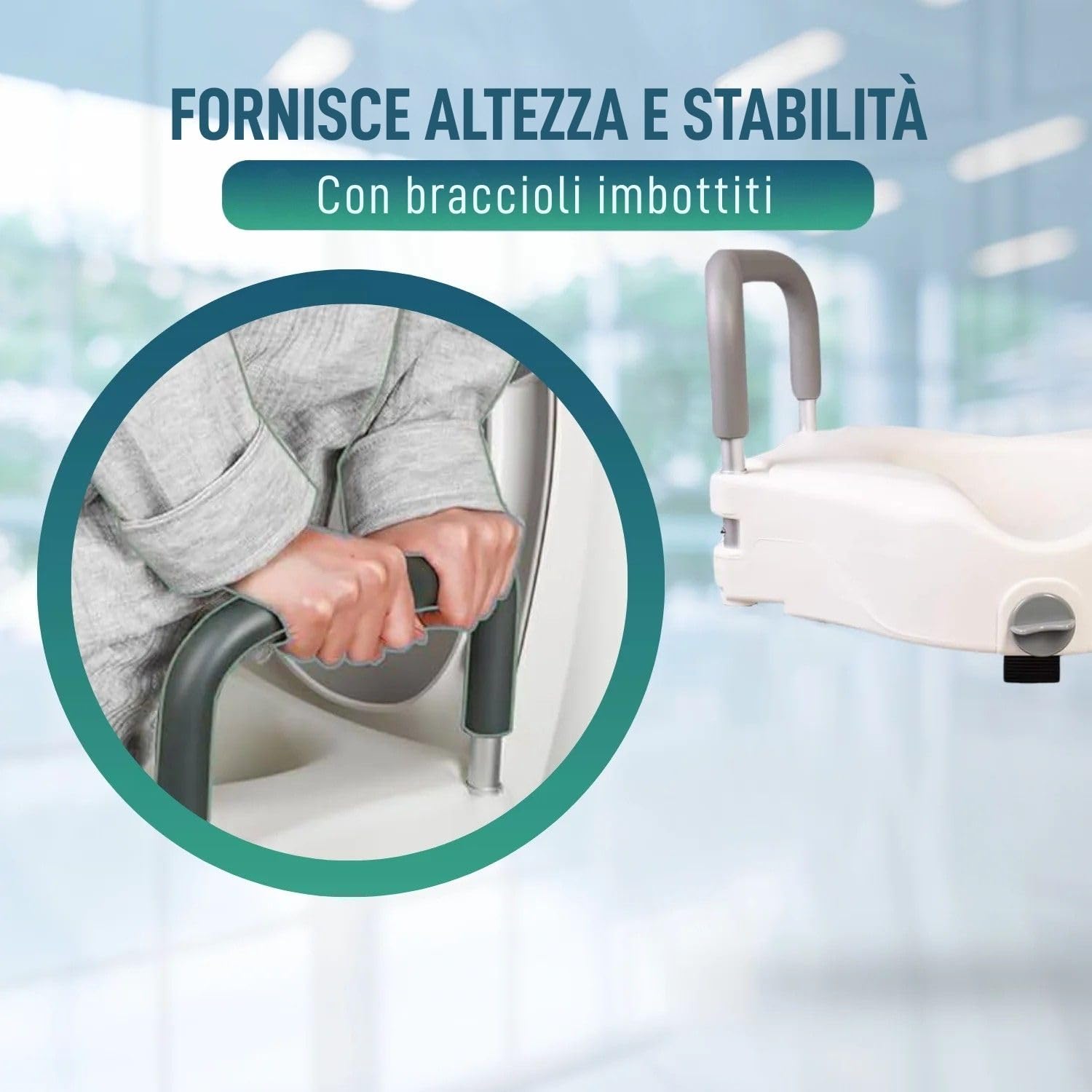 OrtoPrime Rialzo per WC con Braccioli Imbottiti – Rialzo WC Altezza 12 cm – Sedile WC Rialzato per Disabili – Alzawater per Anziani con Fissaggio di Sicurezza – Water Disabili Ortopedico