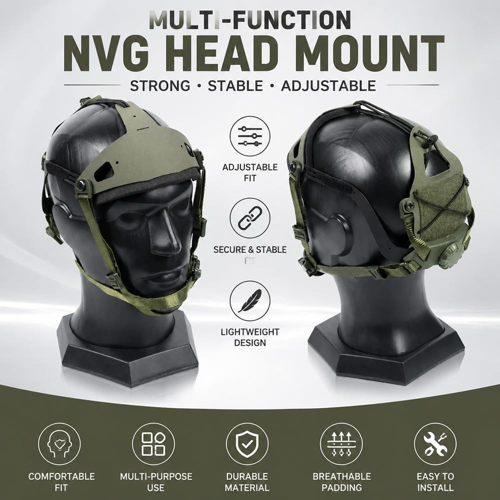 Supporto Testa NVG Multifunzionale Regolabile con Fascia di Fissaggio, Supporto Leggero per Casco E Fotocamera Compatibile con Action Camera, Airsoft, Caccia, Outdoor