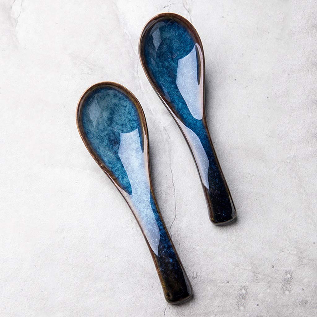 Cuillères à Soupe en céramique Asiatique Bleue et Marron foncé, cuillères à thé, 5,5 Pouces de Long, Lot de 4 cuillères de Service