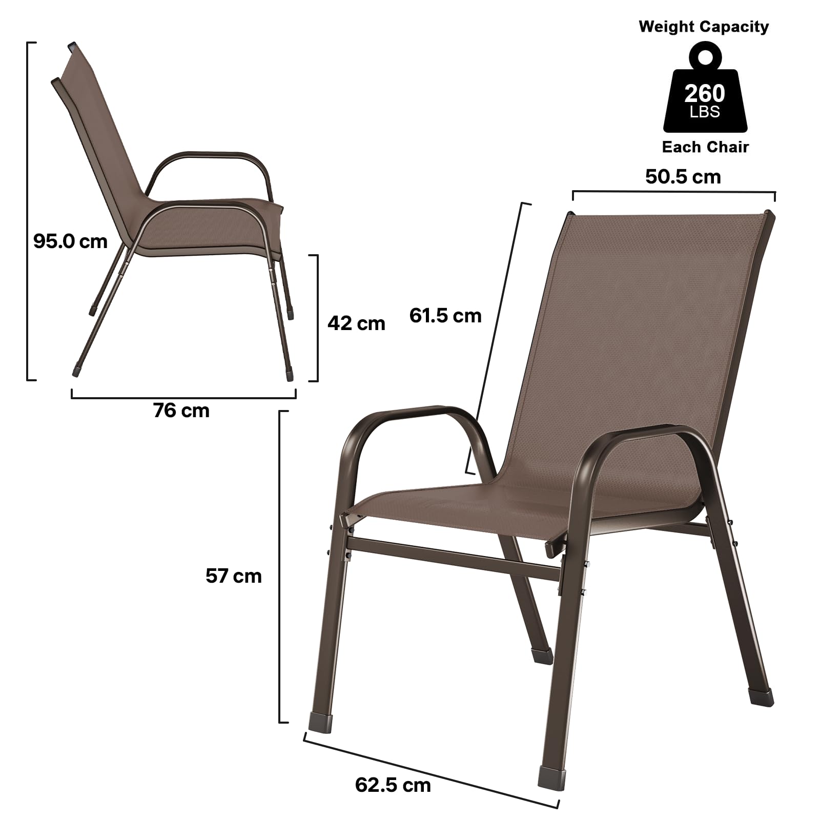 Juego de 4 sillas apilables de jardín, sillas de balcón y terraza con respaldo alto y reposabrazos, estructura de metal resistente a la intemperie
