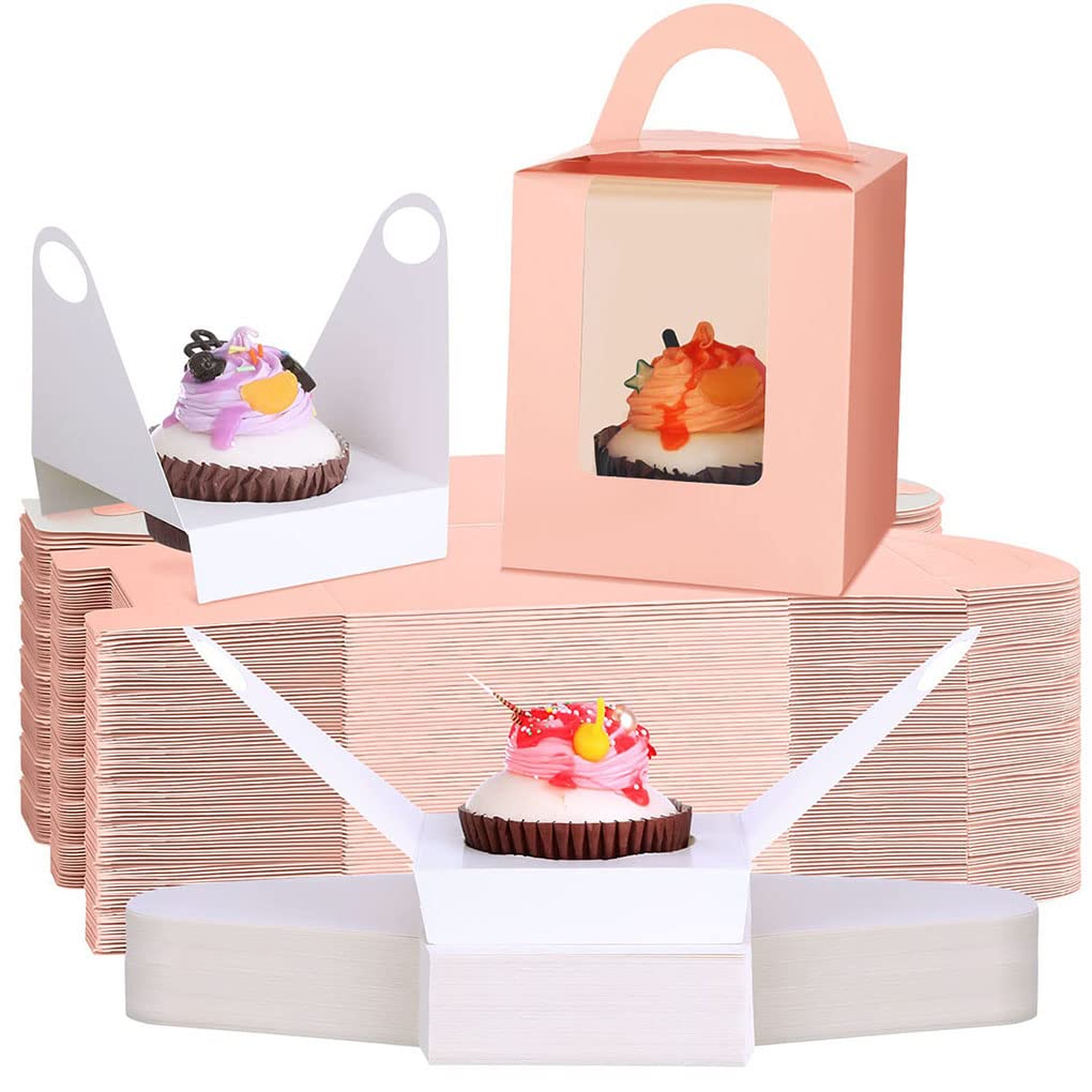 S SYMEFER Single Cupcake Containers - 50 Pack Large Individual Cupcake Boxes Carrier with Insert & Handles and Window For Birthday Party Pastries, Cookies, Small Cakes, Pie, Cupcakes Use (Pink)