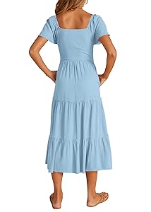 KIRUNDO Women 2025 Spring Summer Casual Short Sleeve Midi Dress Button V Neck Tiered Vacation Sundress with Pockets