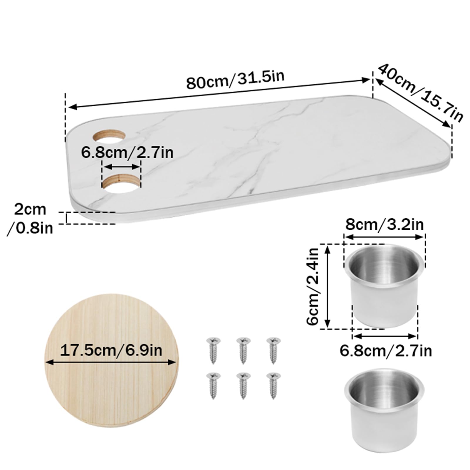 Piano del tavolo in marmo per camper, con doppio portabicchieri in acciaio inox, 80 x 40 cm, adatto per camper, yacht, barche